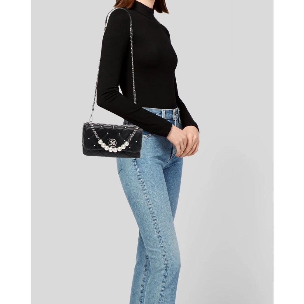 Badgley Mischka Elegant Black Chain Gold Studded Crossbody Bag with Pearls!